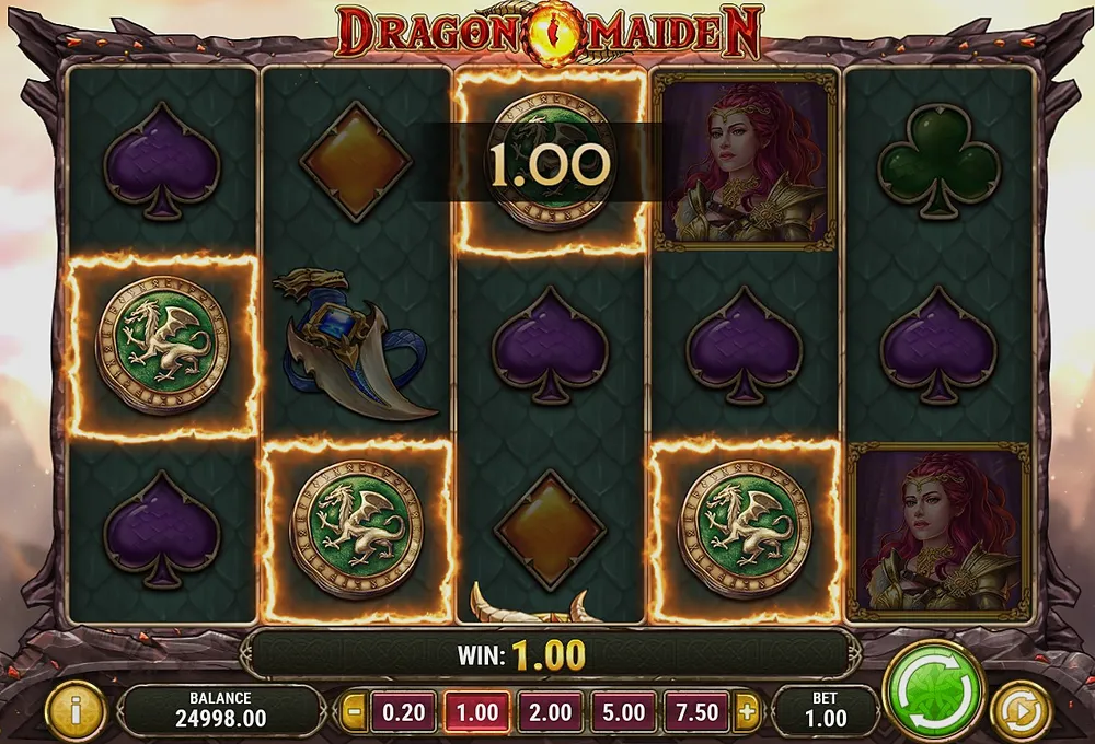 Base game 243 ways win paying 1.00 on dragon coin symbols