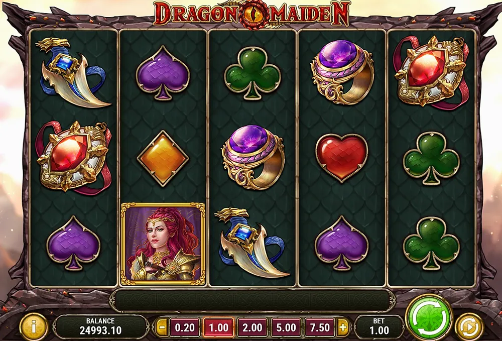 Dragon Maiden base game reels showing jewel, ring and dagger high symbols