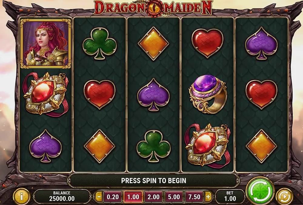 Dragon Maiden demo opening screen with play-money balance and bet selector