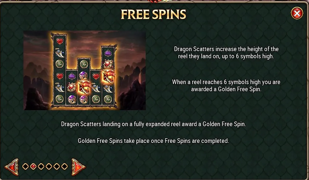 Free Spins rules showing reels growing up to six symbols high