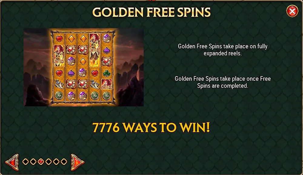 Golden Free Spins info screen with fully expanded reels and 7776 ways