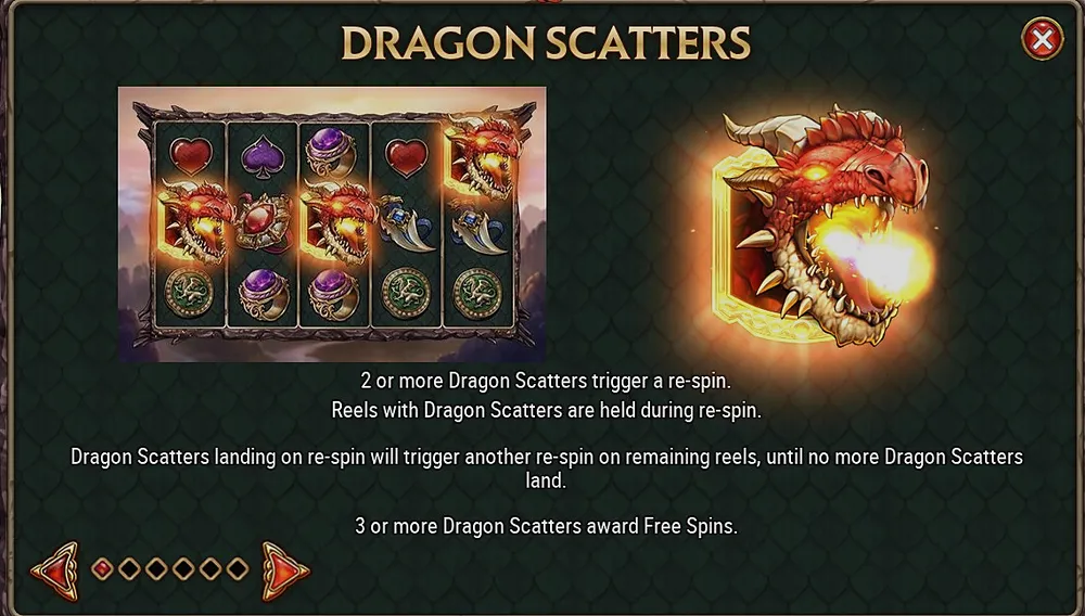Dragon Scatters rules panel explaining re-spins and the Free Spins trigger